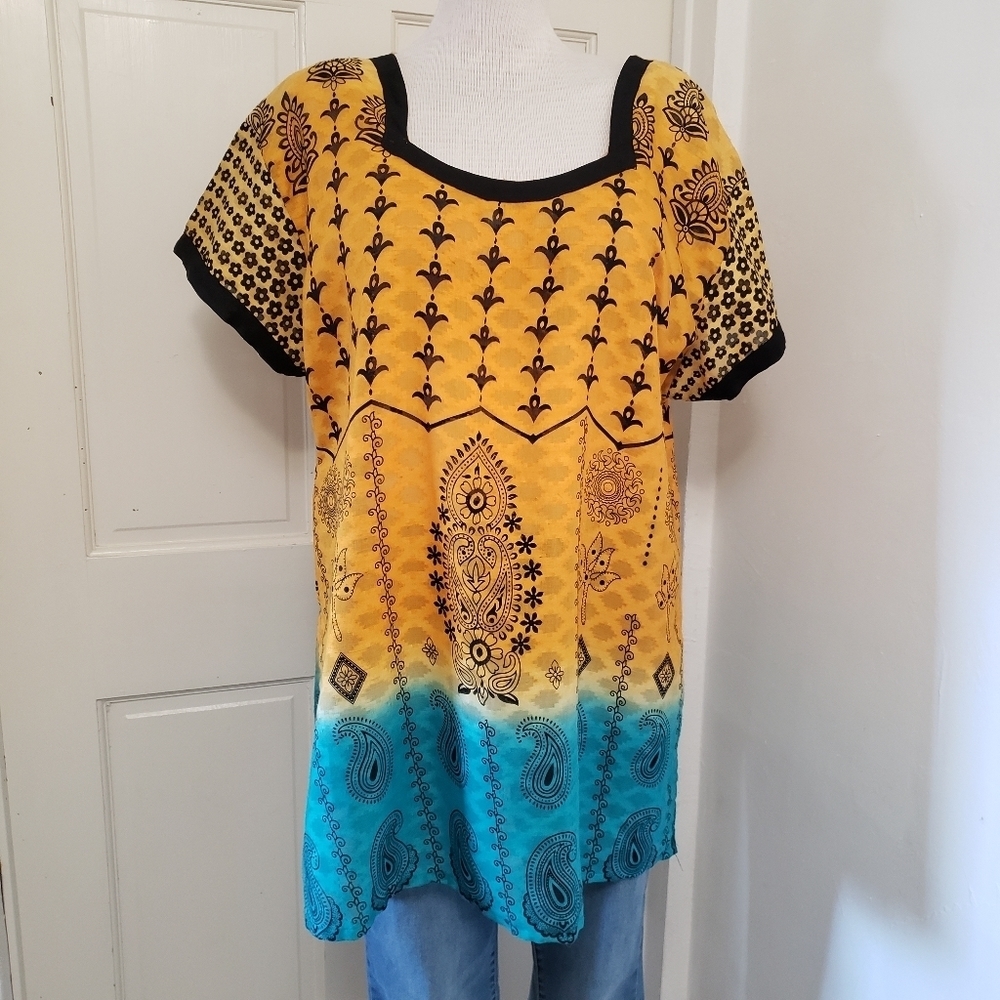 Maple Yellow & Teal Clothing Scoop Neck Short Sleeve Bohemian Top Size 2X - Picture 2 of 10